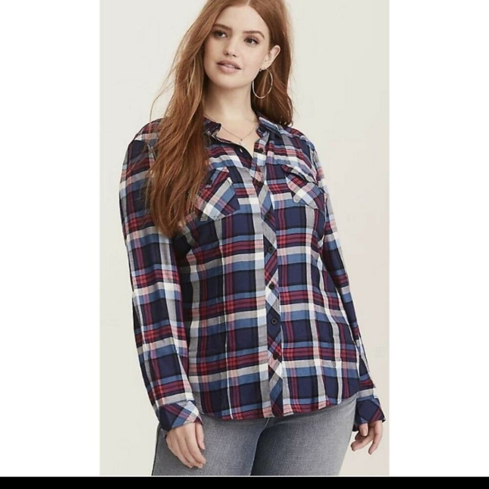 Torrid Multi-Color Plaid Twill Camp Shirt Long Sleeve Button Up Size 2/2x